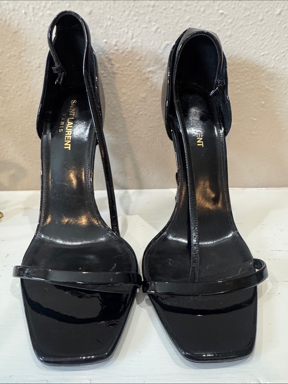 Saint Laurent Black Patent Logo-Heel Strappy Sandals - Picture 2 of 11